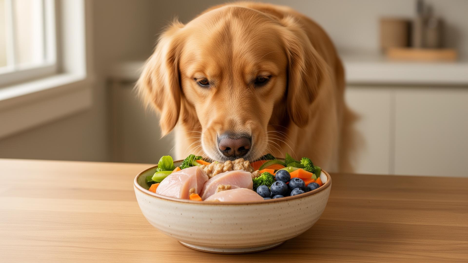 Healthy golden retriever eating a fresh, balanced meal of chicken, vegetables and blueberries from a ceramic bowl